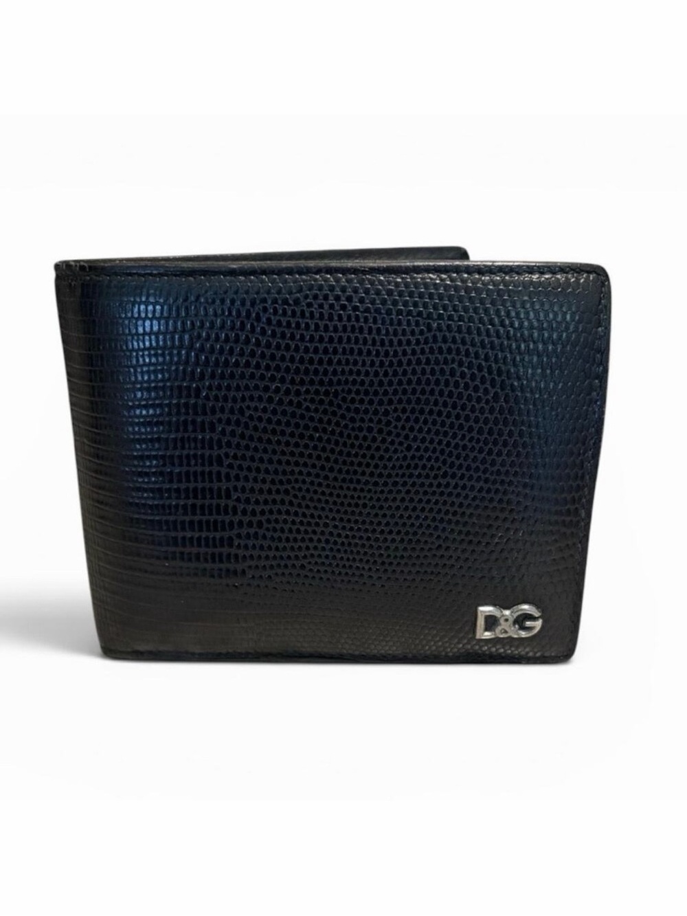Dolce & Gabbana Black Lizard Embossed Leather Bifold Wallet Silver D&G Logo